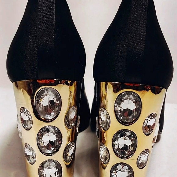 TORY BURCH Black Satin Round Toe/Gold Rhinestoned Block Hi-Heel Women's Size 7M - Picture 6 of 12
